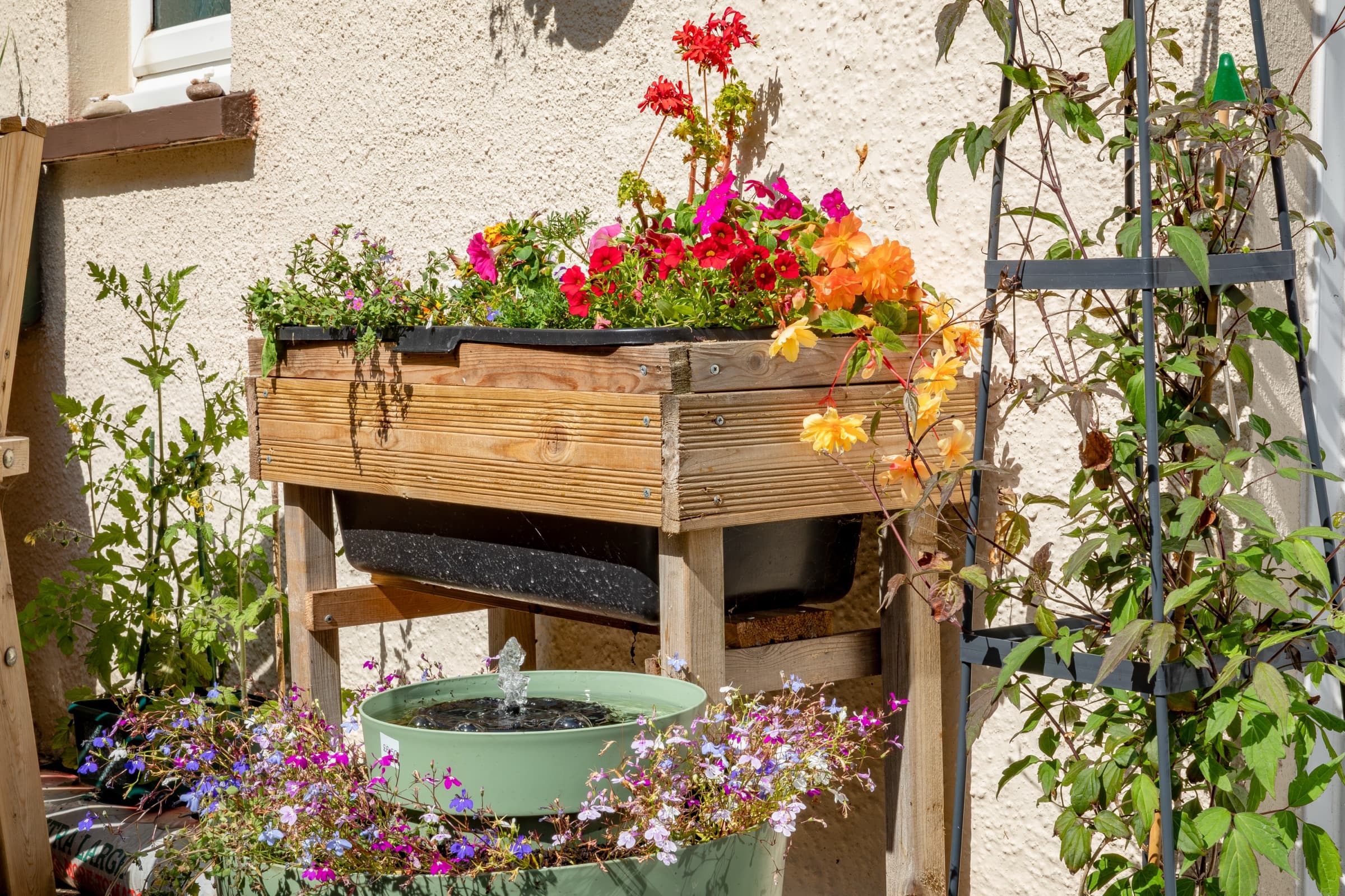 Raised planter filled with summer bedding flowers